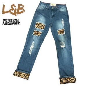 L&B Distressed Women’s Jeans Leopard Print Patchwork